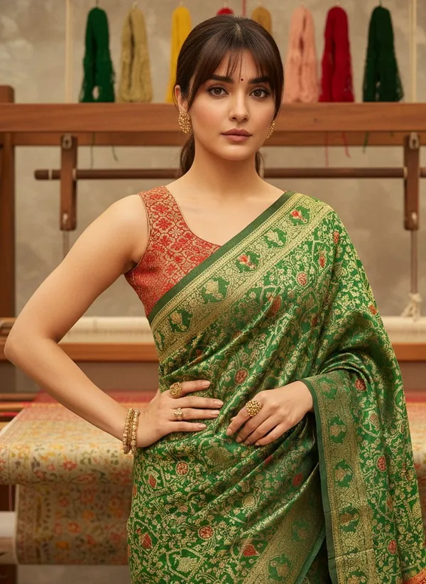 Green_Banarasi_Silk_Blend_Jacquard_Zari_Woven_Contrast_Pallu_Saree_For_Women_|_With_Blouse_Piece