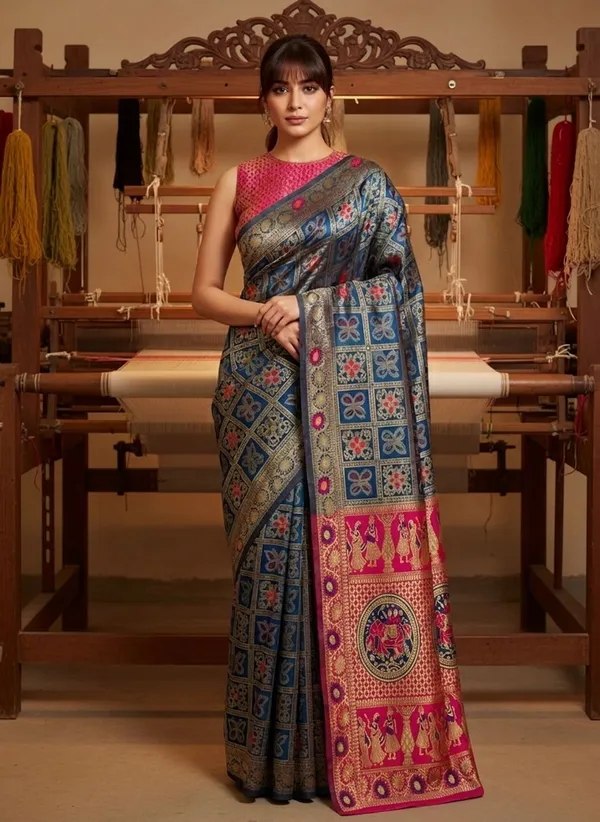 Blue_Banarasi_Silk_Blend_Jacquard_Zari_Woven_Saree_For_Women_|_With_Blouse_Piece