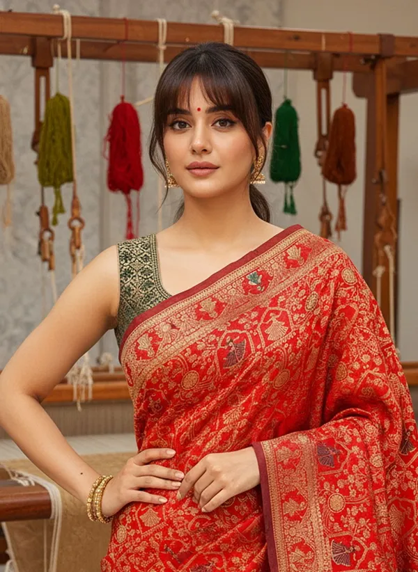 Crimson_Red_Banarasi_Silk_Blend_Woven_Jacquard_Saree_For_Women_|_With_Blouse_Piece