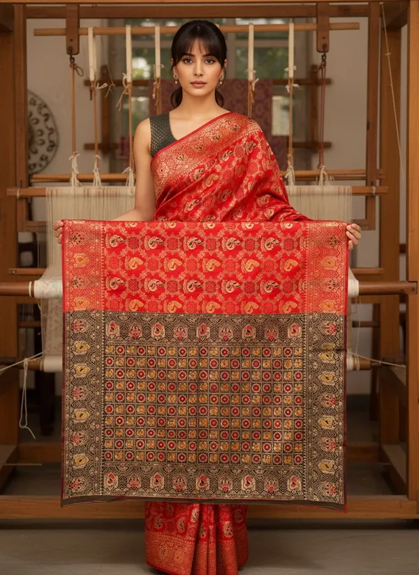 Red_Banarasi_Silk_Blend_Woven_Jacquard_Saree_For_Women_|_With_Blouse_Piece