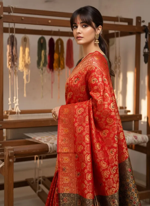 Red_Banarasi_Silk_Blend_Woven_Jacquard_Saree_For_Women_|_With_Blouse_Piece