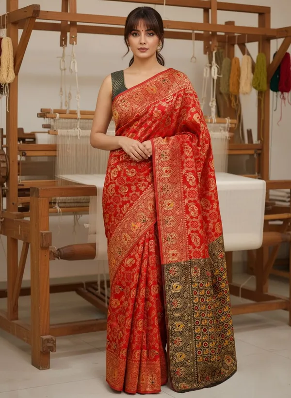 Red_Banarasi_Silk_Blend_Woven_Jacquard_Saree_For_Women_|_With_Blouse_Piece