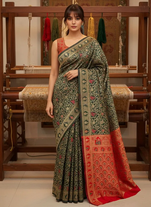 Green_Banarasi_Silk_Blend_Jacquard_Woven_Saree_For_Women_|_With_Blouse_Piece