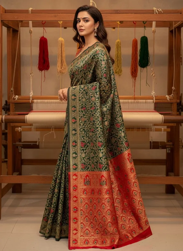 Green_Banarasi_Silk_Blend_Jacquard_Woven_Saree_For_Women_|_With_Blouse_Piece