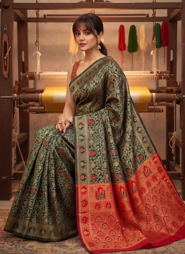 Green_Banarasi_Silk_Blend_Jacquard_Woven_Saree_For_Women_|_With_Blouse_Piece