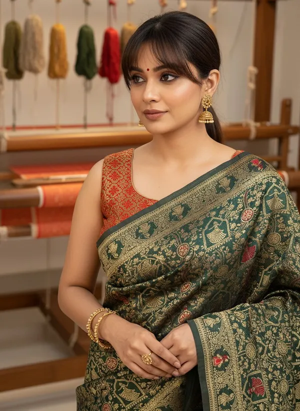 Green_Banarasi_Silk_Blend_Jacquard_Woven_Saree_For_Women_|_With_Blouse_Piece