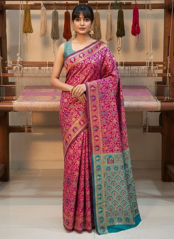 Magenta_Banarasi_Silk_Blend_Woven_Jacquard_Saree_For_Women_|_With_Blouse_Piece