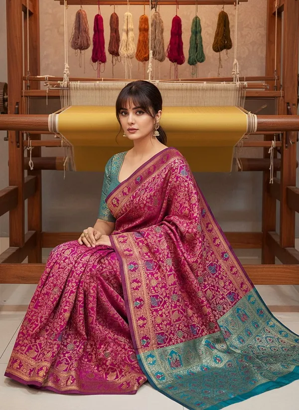 Magenta_Banarasi_Silk_Blend_Woven_Jacquard_Saree_For_Women_|_With_Blouse_Piece