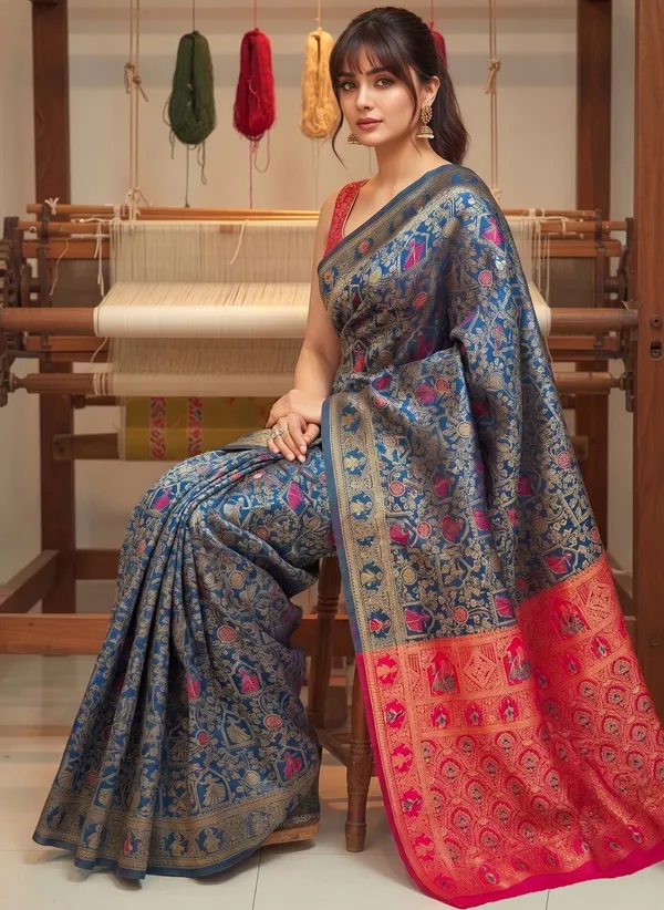 Blue_Banarasi_Silk_Blend_Jacquard_Woven_Saree_For_Women_|_With_Blouse_Piece