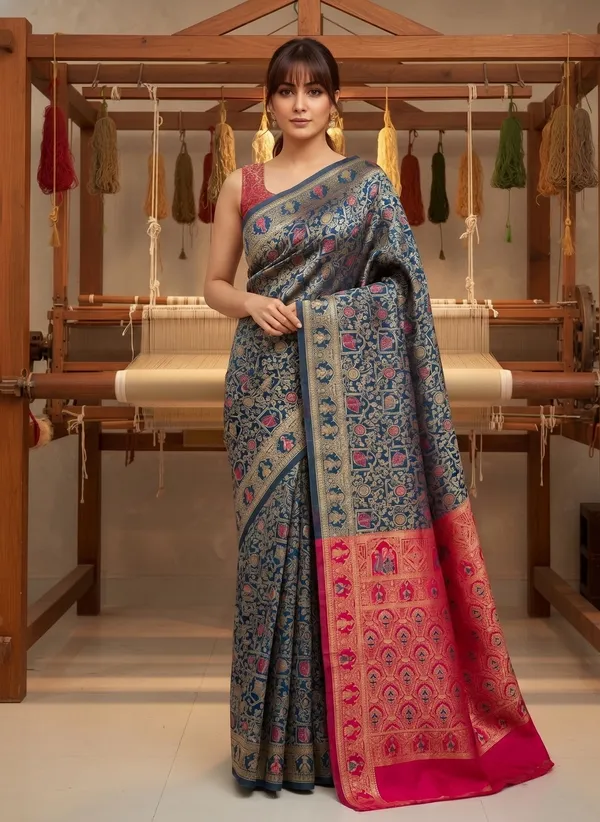 Blue_Banarasi_Silk_Blend_Jacquard_Woven_Saree_For_Women_|_With_Blouse_Piece