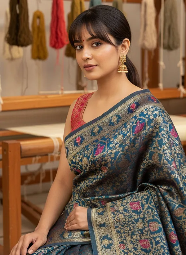 Blue_Banarasi_Silk_Blend_Jacquard_Woven_Saree_For_Women_|_With_Blouse_Piece
