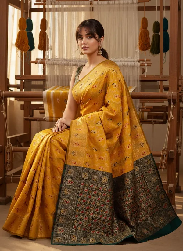 Yellow_Banarasi_Silk_Blend_Jacquard_Woven_Peacock_Motif_Saree_For_Women_|_With_Blouse_Piece
