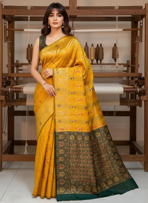 Yellow_Banarasi_Silk_Blend_Jacquard_Woven_Peacock_Motif_Saree_For_Women_|_With_Blouse_Piece
