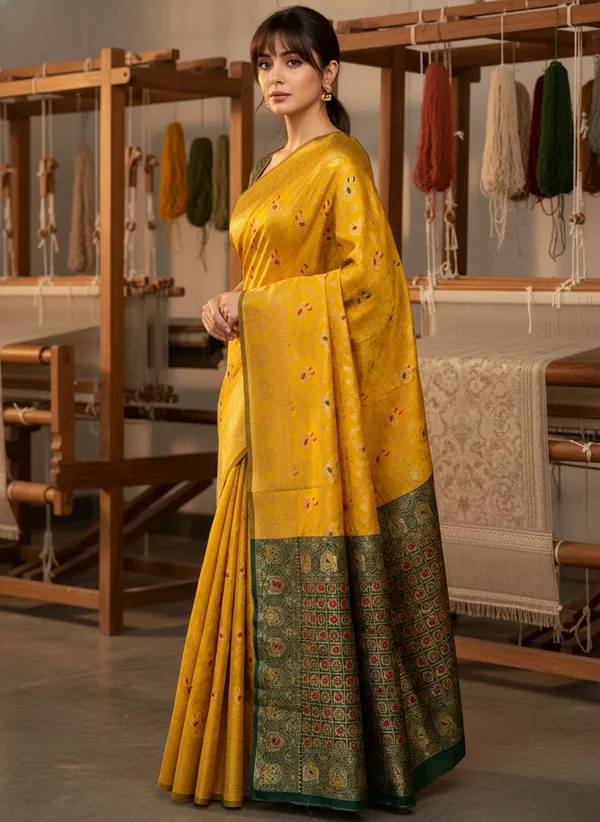 Yellow_Banarasi_Silk_Blend_Jacquard_Woven_Peacock_Motif_Saree_For_Women_|_With_Blouse_Piece