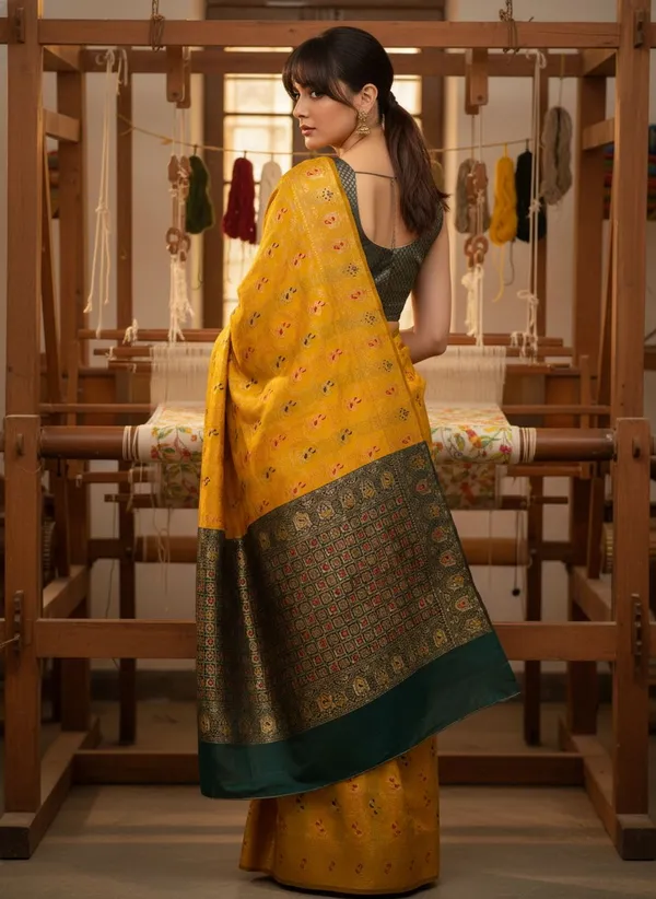Yellow_Banarasi_Silk_Blend_Jacquard_Woven_Peacock_Motif_Saree_For_Women_|_With_Blouse_Piece