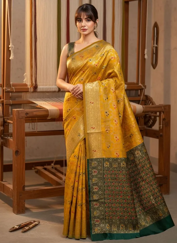 Yellow_Banarasi_Silk_Blend_Jacquard_Woven_Peacock_Motif_Saree_For_Women_|_With_Blouse_Piece