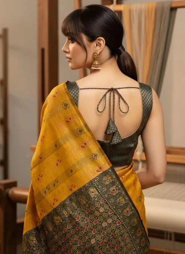 Yellow_Banarasi_Silk_Blend_Jacquard_Woven_Peacock_Motif_Saree_For_Women_|_With_Blouse_Piece