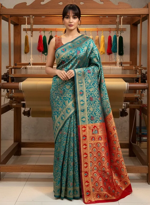 Teal_Blue_Banarasi_Silk_Blend_Jacquard_Zari_Woven_Saree_For_Women_|_With_Blouse_Piece