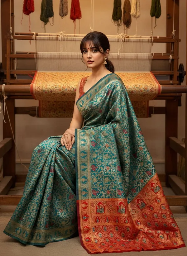 Teal_Blue_Banarasi_Silk_Blend_Jacquard_Zari_Woven_Saree_For_Women_|_With_Blouse_Piece