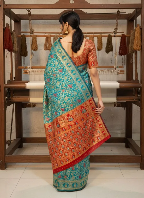 Teal_Blue_Banarasi_Silk_Blend_Jacquard_Zari_Woven_Saree_For_Women_|_With_Blouse_Piece