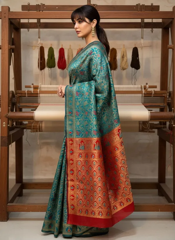 Teal_Blue_Banarasi_Silk_Blend_Jacquard_Zari_Woven_Saree_For_Women_|_With_Blouse_Piece