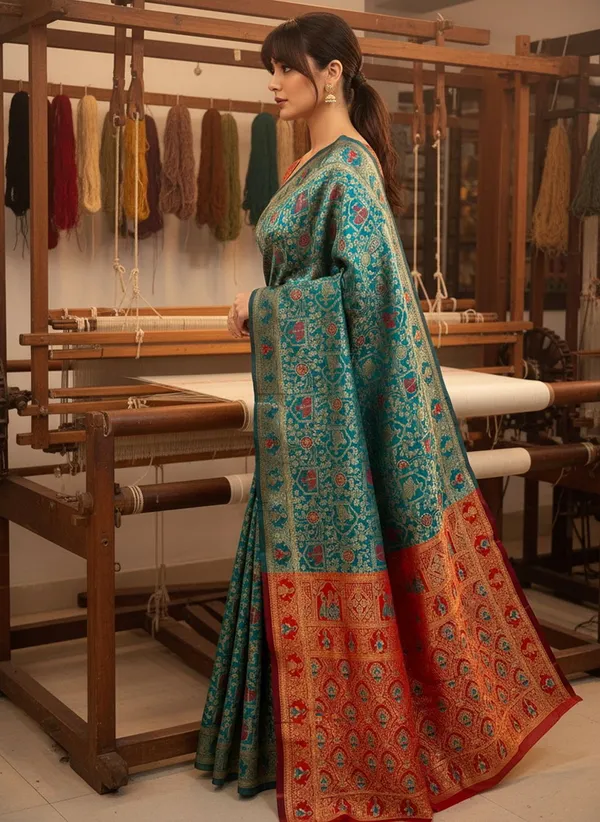 Teal_Blue_Banarasi_Silk_Blend_Jacquard_Zari_Woven_Saree_For_Women_|_With_Blouse_Piece