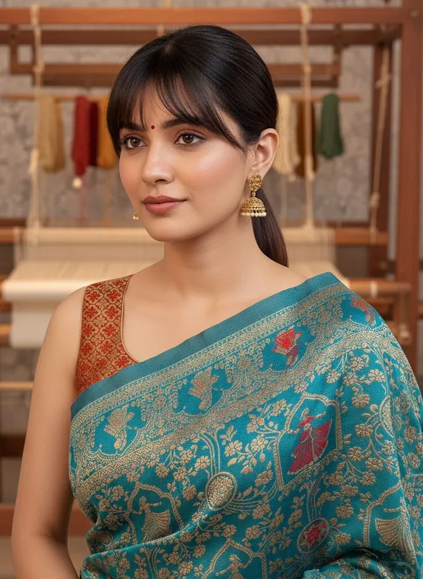 Teal_Blue_Banarasi_Silk_Blend_Jacquard_Zari_Woven_Saree_For_Women_|_With_Blouse_Piece