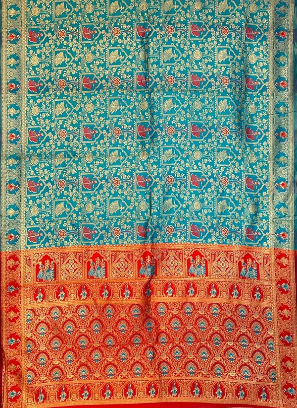 Teal_Blue_Banarasi_Silk_Blend_Jacquard_Zari_Woven_Saree_For_Women_|_With_Blouse_Piece