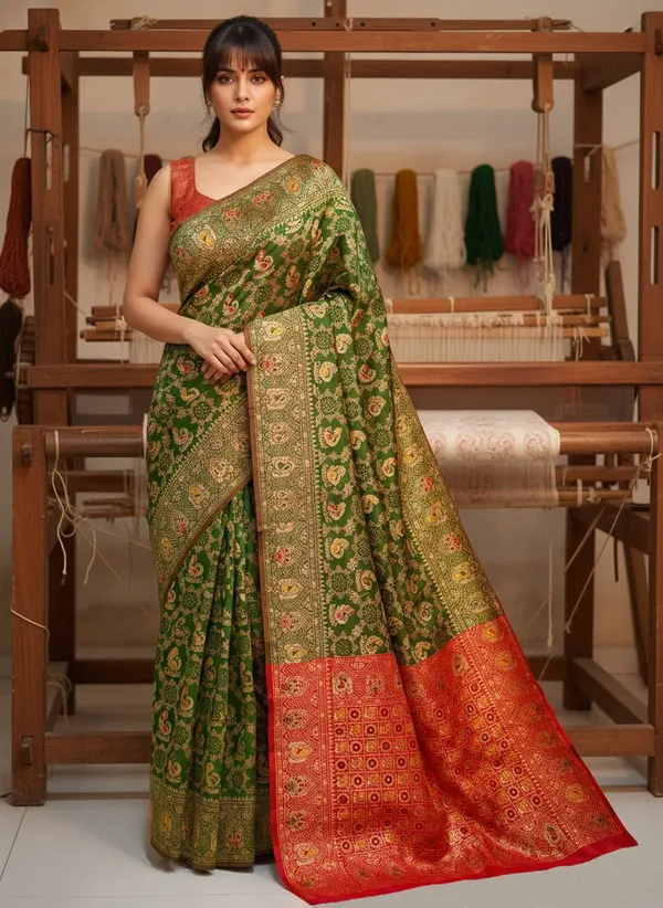 Green_Banarasi_Silk_Blend_Jacquard_Peacock_Motif_Woven_Saree_For_Women_|_With_Blouse_Piece