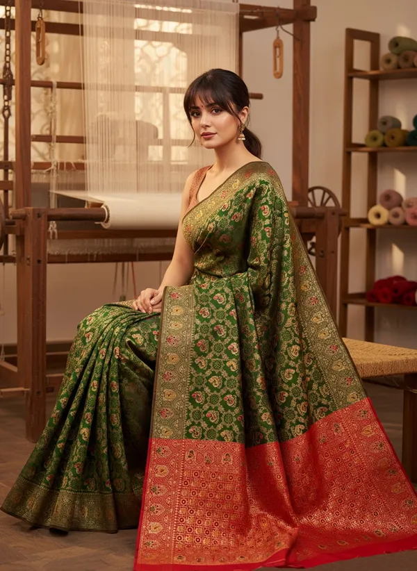Green_Banarasi_Silk_Blend_Jacquard_Peacock_Motif_Woven_Saree_For_Women_|_With_Blouse_Piece