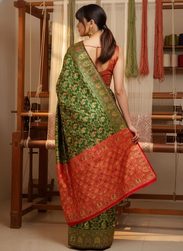 Green_Banarasi_Silk_Blend_Jacquard_Peacock_Motif_Woven_Saree_For_Women_|_With_Blouse_Piece