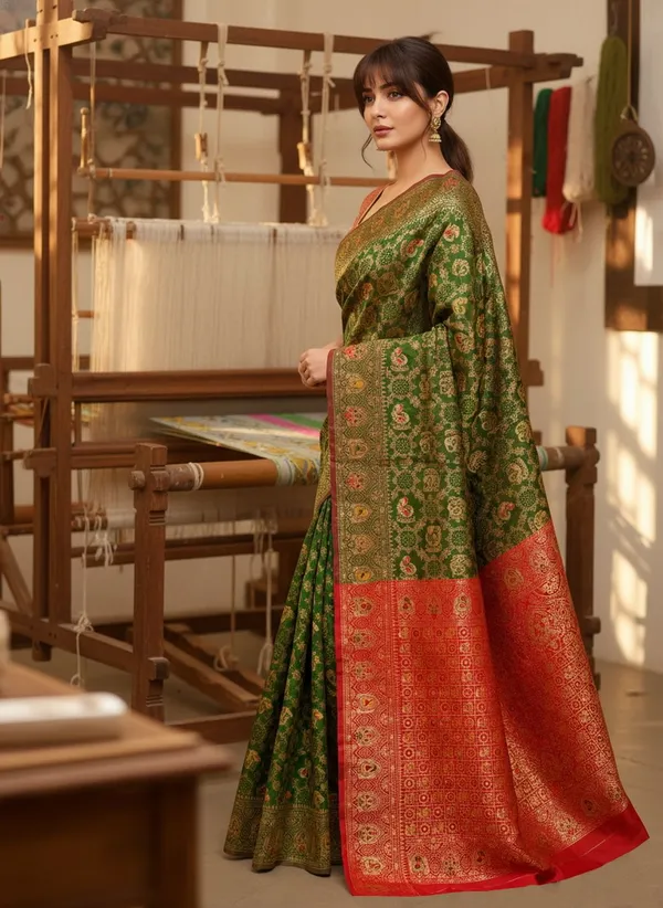 Green_Banarasi_Silk_Blend_Jacquard_Peacock_Motif_Woven_Saree_For_Women_|_With_Blouse_Piece
