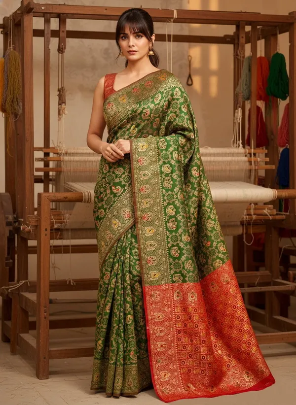 Green_Banarasi_Silk_Blend_Jacquard_Peacock_Motif_Woven_Saree_For_Women_|_With_Blouse_Piece