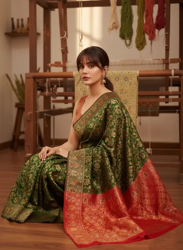 Green_Banarasi_Silk_Blend_Jacquard_Peacock_Motif_Woven_Saree_For_Women_|_With_Blouse_Piece
