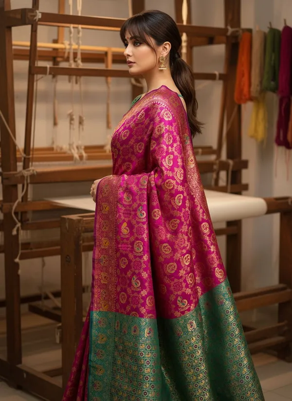 Sariya_Magenta_Banarasi_Silk_Blend_Jacquard_Peacock_Motif_Saree_For_Women_|_With_Blouse_Piece