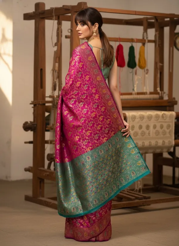 Sariya_Magenta_Banarasi_Silk_Blend_Jacquard_Peacock_Motif_Saree_For_Women_|_With_Blouse_Piece