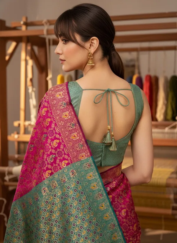 Sariya_Magenta_Banarasi_Silk_Blend_Jacquard_Peacock_Motif_Saree_For_Women_|_With_Blouse_Piece