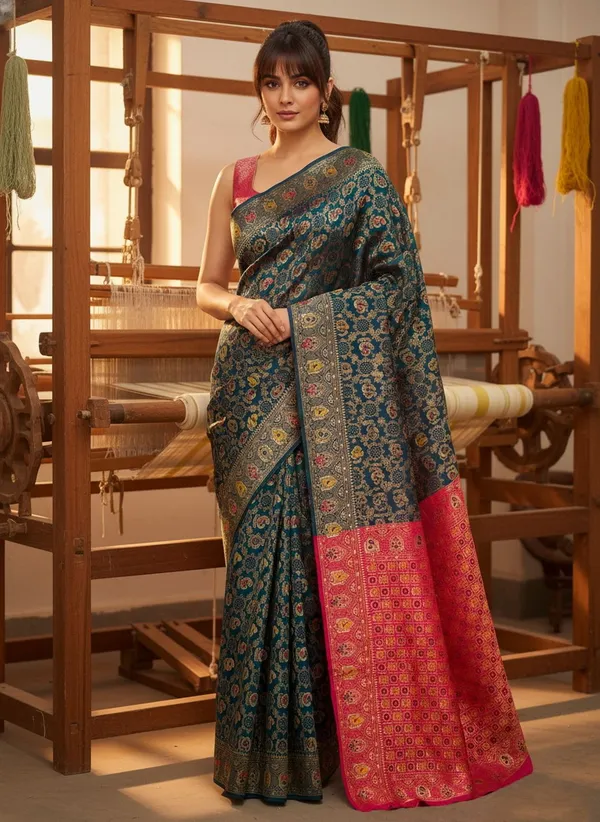 Peacock_Blue_Banarasi_Silk_Blend_Woven_Jacquard_Saree_For_Women_|_With_Blouse_Piece