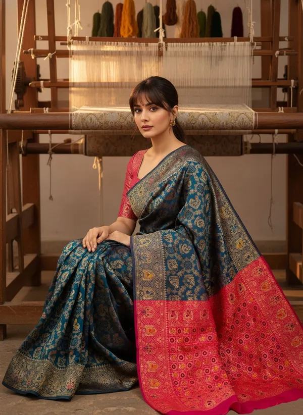 Peacock_Blue_Banarasi_Silk_Blend_Woven_Jacquard_Saree_For_Women_|_With_Blouse_Piece