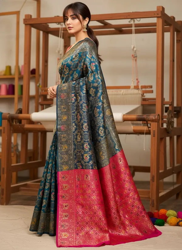 Peacock_Blue_Banarasi_Silk_Blend_Woven_Jacquard_Saree_For_Women_|_With_Blouse_Piece