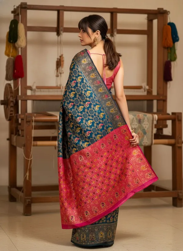 Peacock_Blue_Banarasi_Silk_Blend_Woven_Jacquard_Saree_For_Women_|_With_Blouse_Piece