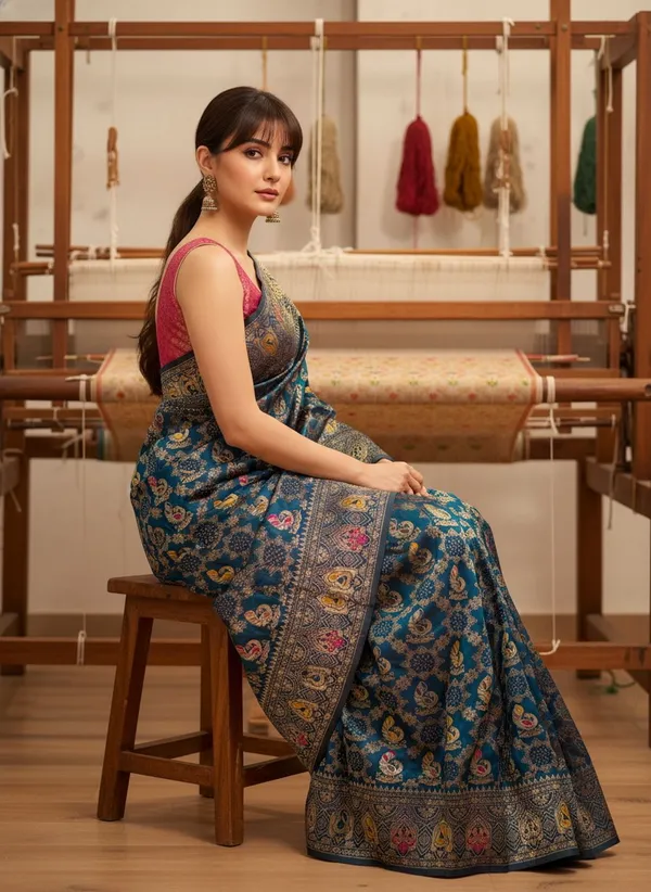 Peacock_Blue_Banarasi_Silk_Blend_Woven_Jacquard_Saree_For_Women_|_With_Blouse_Piece