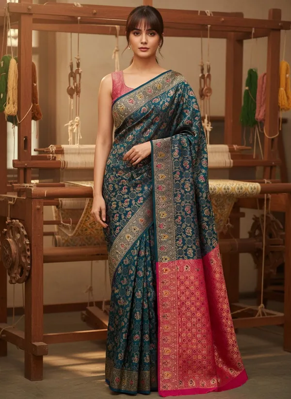 Peacock_Blue_Banarasi_Silk_Blend_Woven_Jacquard_Saree_For_Women_|_With_Blouse_Piece