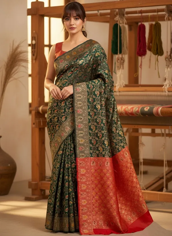 Green_Banarasi_Silk_Blend_Jacquard_Woven_Saree_For_Women_|_With_Blouse_Piece