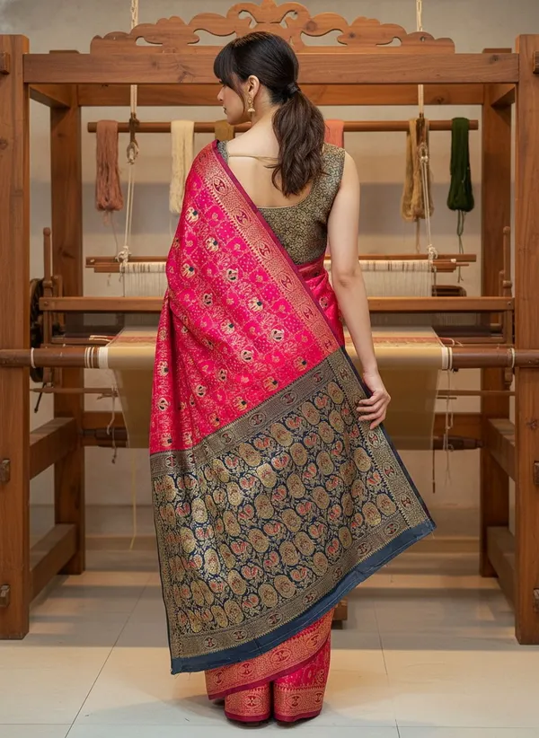 Magenta_Pink_Banarasi_Silk_Blend_Jacquard_Woven_Saree_For_Women_|_With_Blouse_Piece