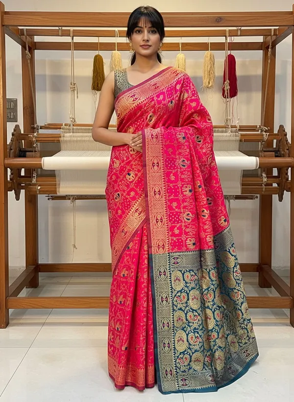 Magenta_Pink_Banarasi_Silk_Blend_Jacquard_Woven_Saree_For_Women_|_With_Blouse_Piece