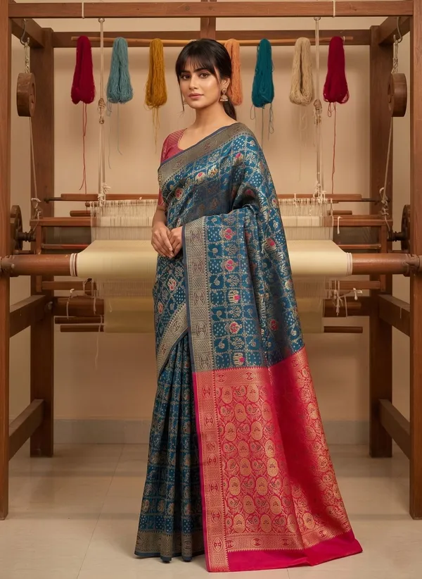 Blue_Banarasi_Silk_Blend_Jacquard_Woven_Saree_For_Women_|_With_Blouse_Piece