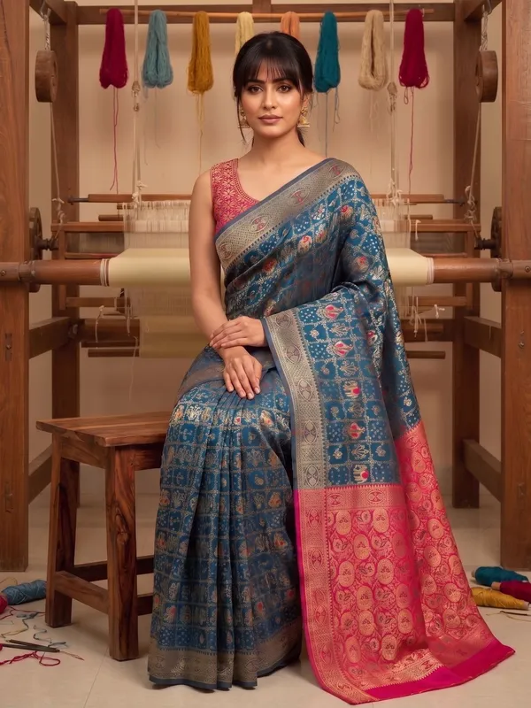 Blue_Banarasi_Silk_Blend_Jacquard_Woven_Saree_For_Women_|_With_Blouse_Piece