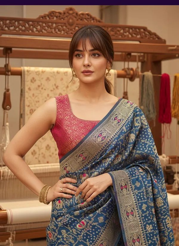 Blue_Banarasi_Silk_Blend_Jacquard_Woven_Saree_For_Women_|_With_Blouse_Piece