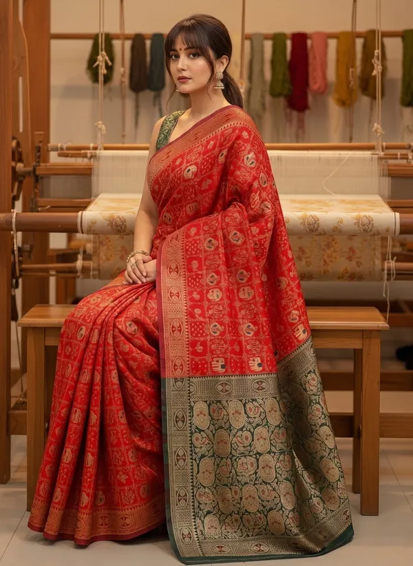 Red_Banarasi_Silk_Blend_Woven_Jacquard_Saree_For_Women_|_With_Blouse_Piece